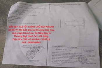 Đất Đẹp- Giá Tốt Chính Chủ Bán Nhanh Lô Đất Vị Trí Đắc Địa Tại Phường Hòa Quý, Quận Ngũ Hành Sơn,