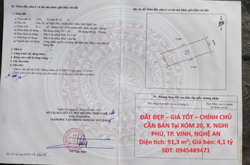 Đất Đẹp – Giá Tốt – Chính Chủ Cần Bán Tại Xóm 20, X. Nghi Phú, Tp. Vinh, Nghệ An