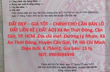 Đất Đẹp – Giá Tốt – Chính Chủ Cần Bán Lô Đất Liền Kề ( Đất Ao) Xã An Thới Đông, Cần Giờ, Tp. Hcm