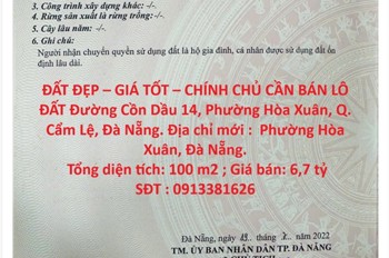 Đất Đẹp – Giá Tốt – Chính Chủ Cần Bán Lô Đất Đường Cồn Dầu 14, Phường Hòa Xuân, Q. Cẩm Lệ, Đà Nẵng