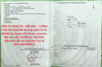 Đầu Tư Sinh Lời - Đất Đẹp – Chính Chủ Cần Bán Đất Đường Quốc Lộ 50, Xã Mỹ Lệ, Huyện Cần Đước, Long