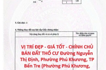 Vị Trí Đẹp - Giá Tốt - Chính Chủ Bán Đất Thổ Cư Đường Nguyễn Thị Định, Phường Phú Khương, Tp Bến Tre